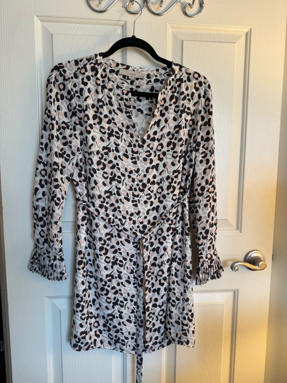 LOFT Cream Leopard Print Wrap Dress with Black and Tan Spots